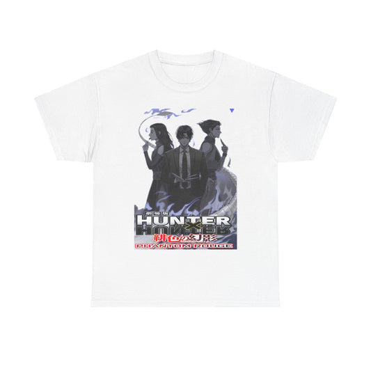 Elegant white Hunter x Hunter Phantom Rouge T-shirt showcasing captivating characters in a minimalist design, perfect for anime enthusiasts.