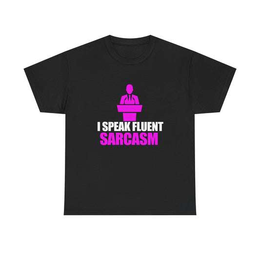 Sophisticated black men's T-shirt showcasing a striking graphic design of the phrase 'I SPEAK FLUENT SARCASM', enhanced by a bold magenta silhouette of a speaker behind a podium.