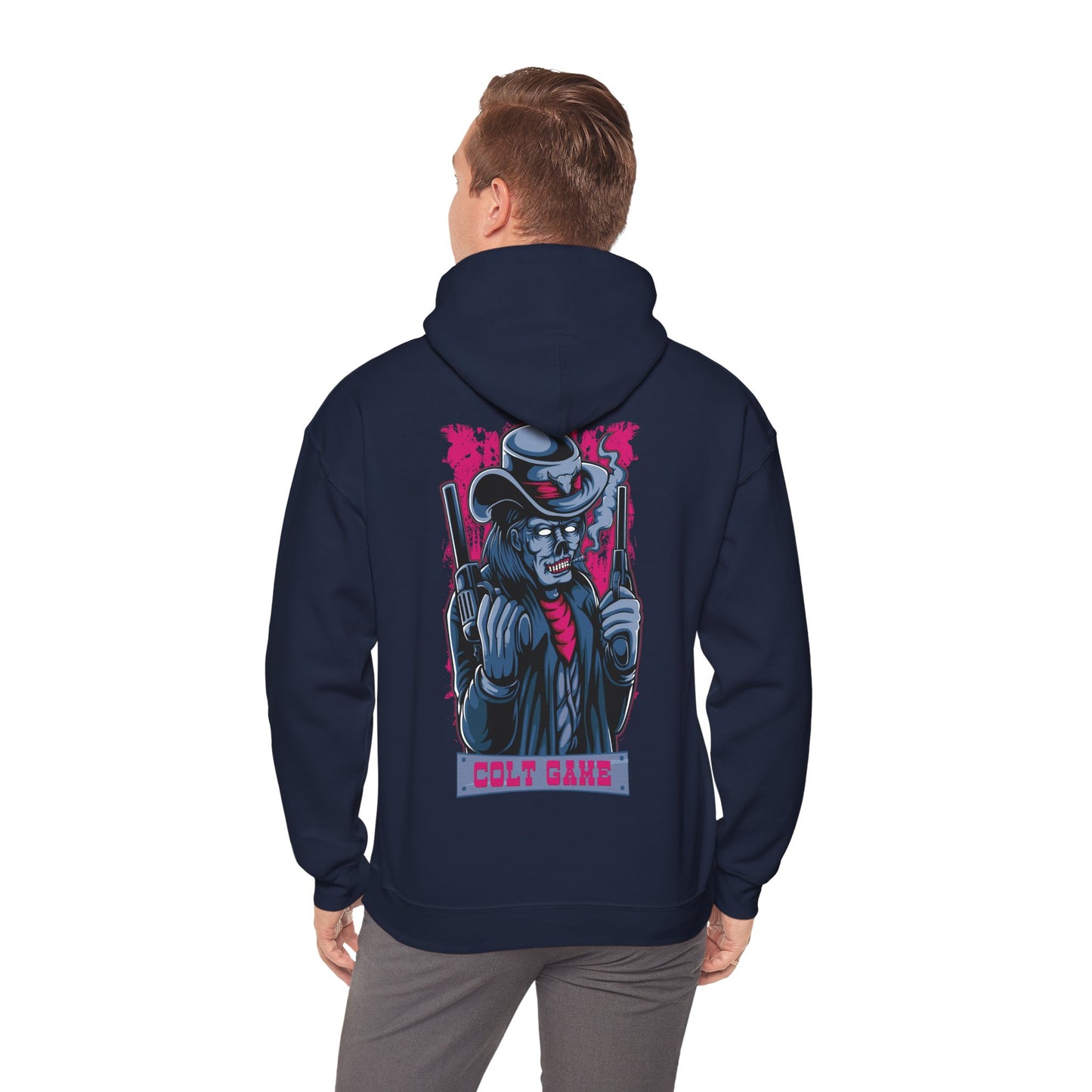 Sophisticated navy hoodie displayed from the back, adorned with a captivating graphic of a rebellious character, a true piece for those who embrace adventure.