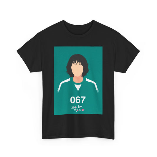 Chic Dazzling Dreams Squid Game Unisex Tee showcasing a minimalist illustration of the character 067, ideal for distinctive fashion enthusiasts.