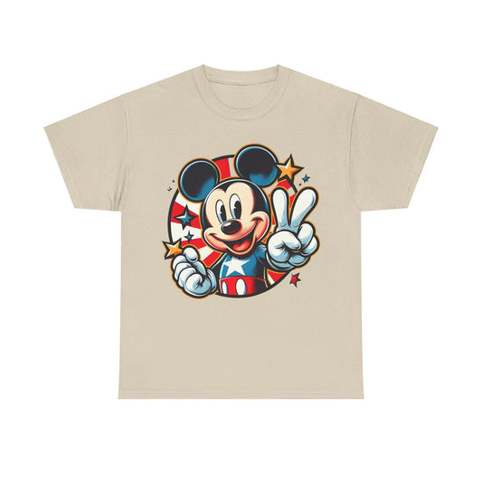 Mickey Mouse Pop Art Graphic Unisex Graphic Tee Shirt in beige, showcasing a nostalgic and modern illustration of Mickey Mouse in a stars and stripes themed outfit.