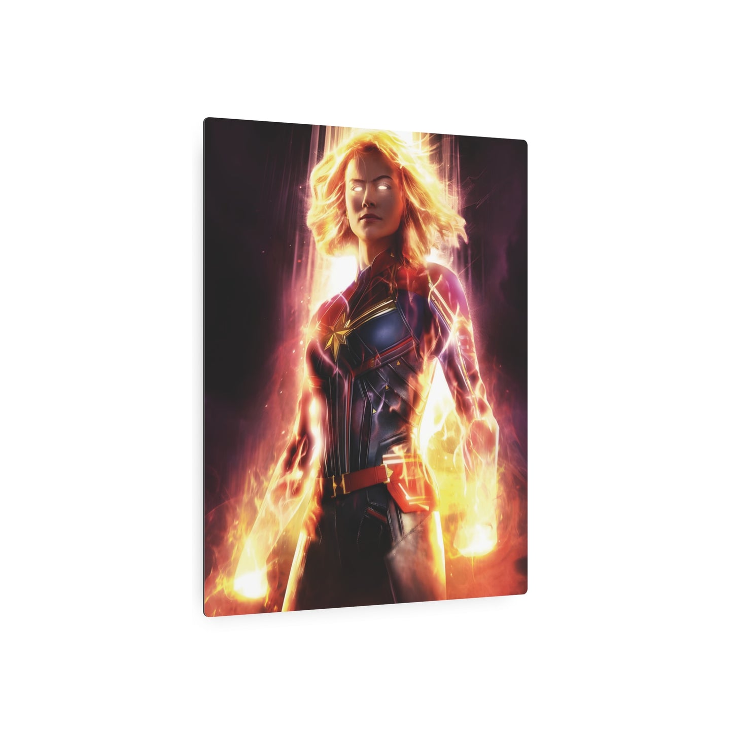 Exquisite Captain Marvel Metal Art Poster featuring a vibrant depiction of the superhero with fiery energy effects, crafted from premium matte aluminium for a luxurious finish.