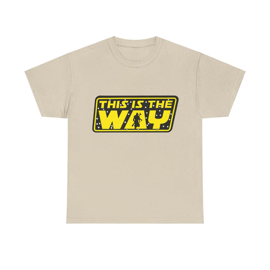 Mandalorian Star Wars This is the Way Logo Graphic Unisex Tee Shirt in beige, showcasing a striking yellow logo and elegant silhouette, perfect for stylish enthusiasts.