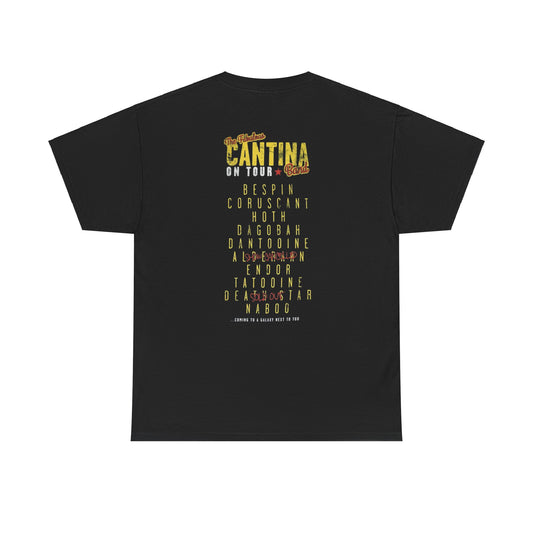 Back view of the Star Wars Cantina Band Tour T Shirt displaying a stylish list of iconic galactic destinations in vintage-inspired typography.