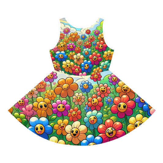 Sophie Buttonwood Girls AOP Pencil Dress featuring a vibrant cartoon floral design, showcasing a full skirt adorned with colourful faces of cheerful flowers, perfect for summer outings.