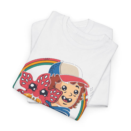 Stranger Things Funny Mens Womens Graphic T-Shirt showcasing the vibrant 'Good Demodog' design folded neatly, ideal for fans of the cult classic series.