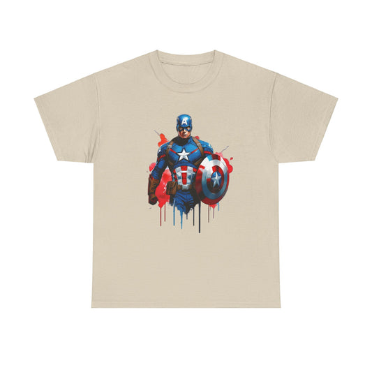 Captain America Graphic Tee in cream, featuring a bold comic art design of Captain America with his shield, a luxurious addition to any casual wardrobe.