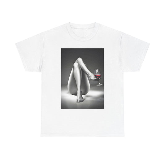 Luxurious men's and women's graphic cotton t-shirt featuring a serene design of crossed legs holding a wine glass, showcasing elegance and tranquility.