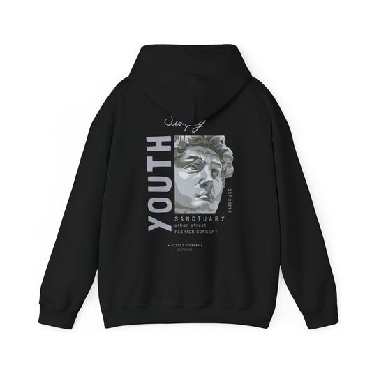 Back view of Urban Sanctuary Youth Hoodie in black showcasing a bold design with the word 'YOUTH' alongside an artistic bust image, perfect for contemporary street style.