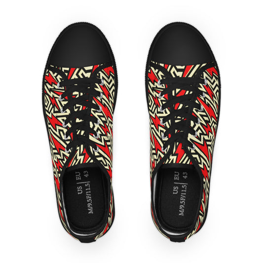 Top view of Electra Thunderbolt Men's Lowtop Sneakers showcasing their unique beige and red pop art lightning bolt design, combining elegance with modern flair.