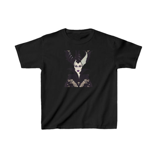 Maleficent Kids Tee in black, featuring a striking graphic of the iconic Disney character Maleficent, crafted from soft cotton for children's wardrobe luxury.
