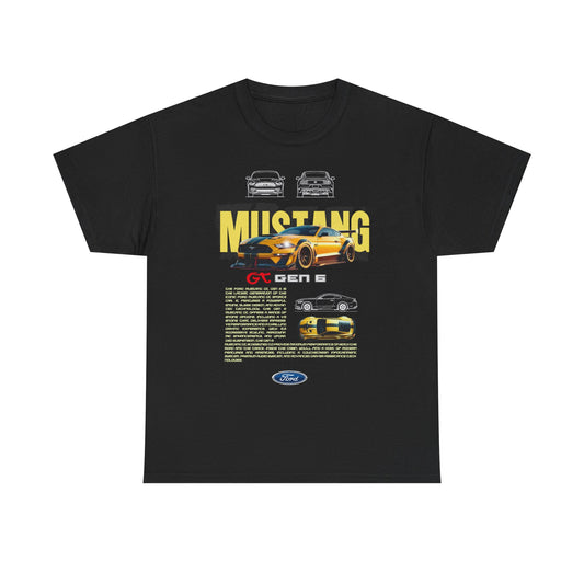 Premium black Ford Mustang GT Gen 6 graphic t-shirt showcasing a striking yellow Mustang graphic, dynamic text, and engaging performance features.