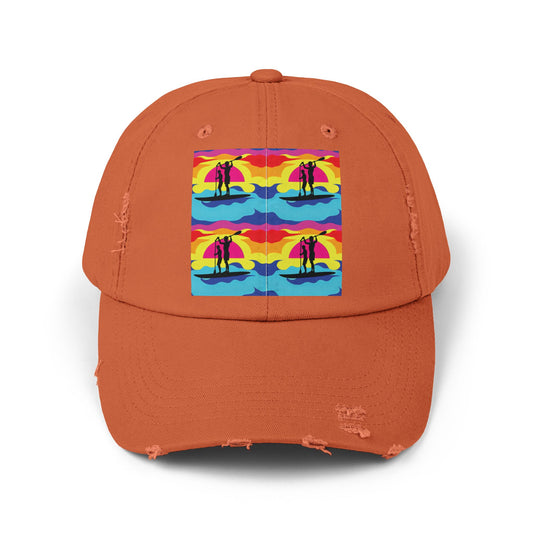 Unisex Distressed Paddleboarders Cap in an eye-catching orange with unique fantasy paddleboarding design, ideal for stylish sun protection.