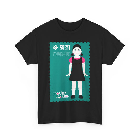 Stylish unisex black tee adorned with a striking graphic of Young-Hee from Squid Game, offering a sophisticated blend of contemporary art and pop culture in a stamp-like format.