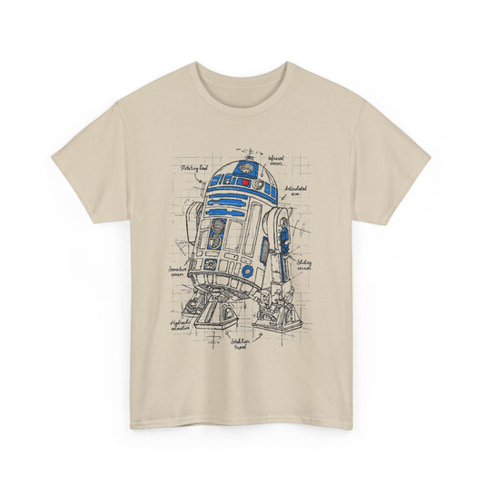Unisex cotton R2-D2 Star Wars Funny Gift Graphic T-Shirt in premium beige, highlighting blueprint illustrations of the beloved robot.