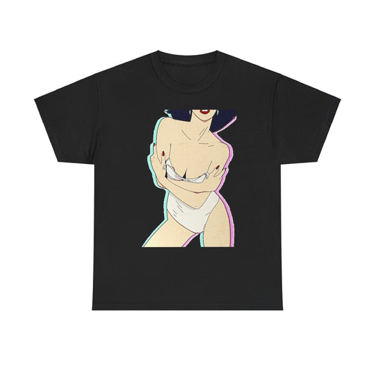 Chic black tee showcasing a retro-style illustration of a suggestive female silhouette, adorned with soft pastel colors. A stylish choice for unisex fashion lovers seeking uniqueness in casual wear.