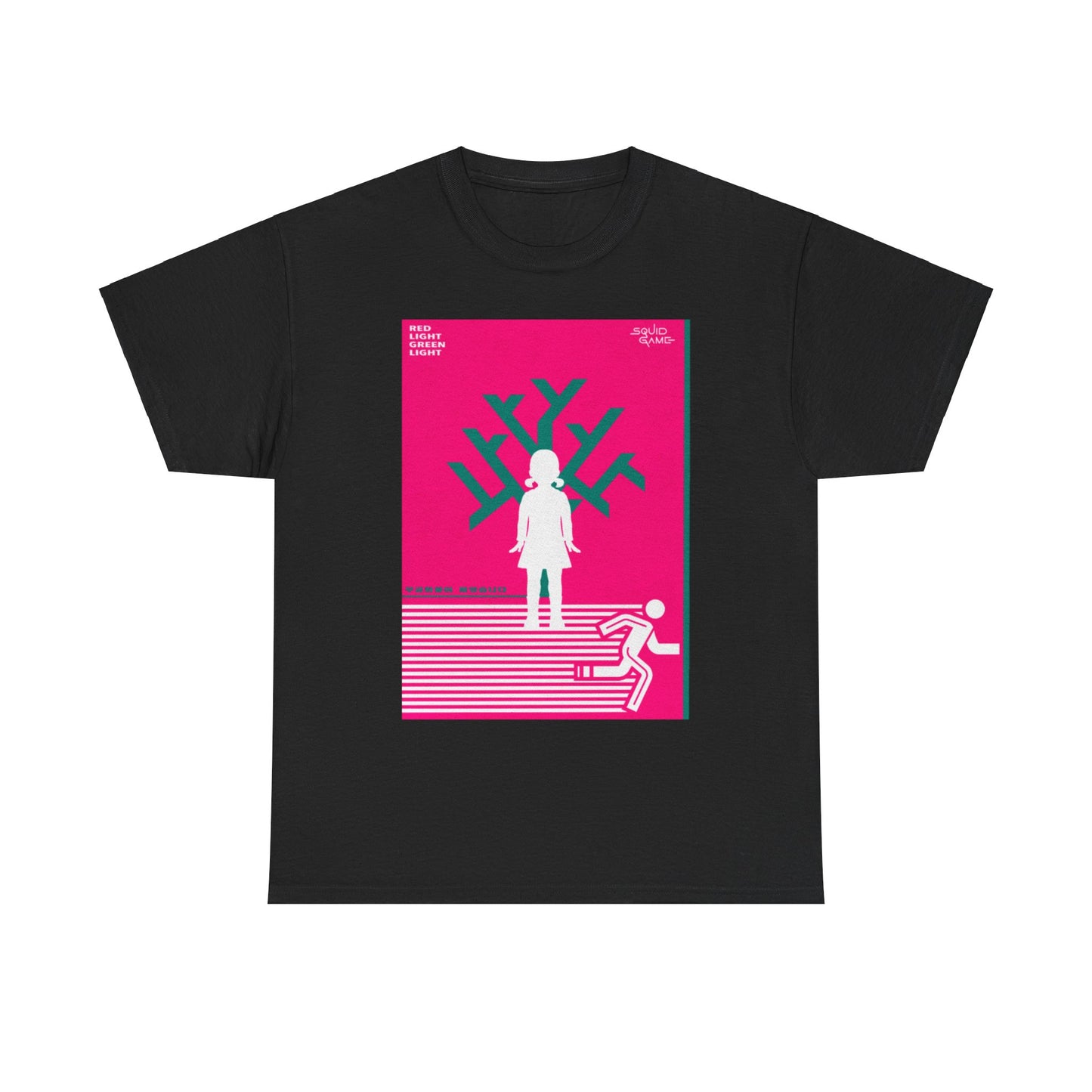 Artistic representation of a luxury Squid Game t-shirt, featuring bold colours and unique design elements. A statement piece for the discerning wardrobe.