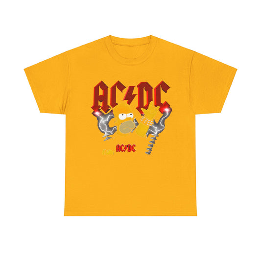 Homer Rock & Roll Unisex Cotton Tee Graphic T Shirt in vibrant yellow featuring Homer Simpson in a rebellious rock pose with AC/DC graphics and lightning bolt accents.