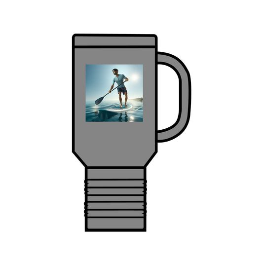 Luxury Fantasy Paddleboarding 40oz Insulated Stainless Steel Travel Mug showcasing a paddleboarder against a twilight backdrop, designed for elegance and practicality.