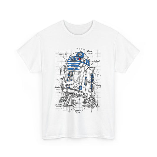 R2 D2 Star Wars Funny Gift Mens Womens Graphic T-Shirt Unisex Cotton Urban showcasing a striking graphic of R2-D2 in blueprint form, perfect for any proud Star Wars fan.
