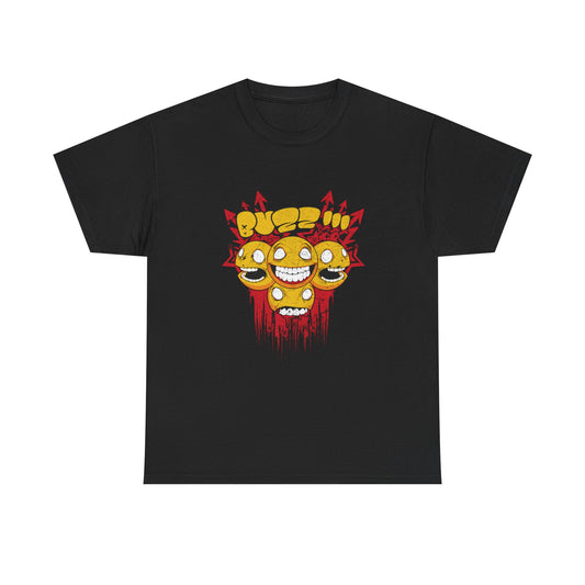 Stylish men's black t-shirt with eye-catching graphic of cheerful smiley faces and striking red elements, ideal for adding flair to your wardrobe.
