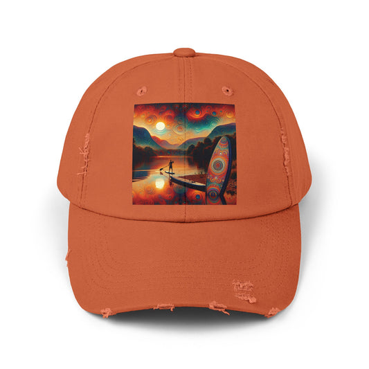 Unisex Distressed Paddleboarders Cap in a vibrant orange shade, featuring a captivating paddleboarding scene, perfect for stylish sun protection for paddleboard enthusiasts.