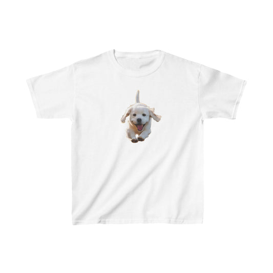 Leaping Puppy Kids Tee in white, featuring an adorable leaping puppy graphic, ideal for children's casual wear with a touch of charm.