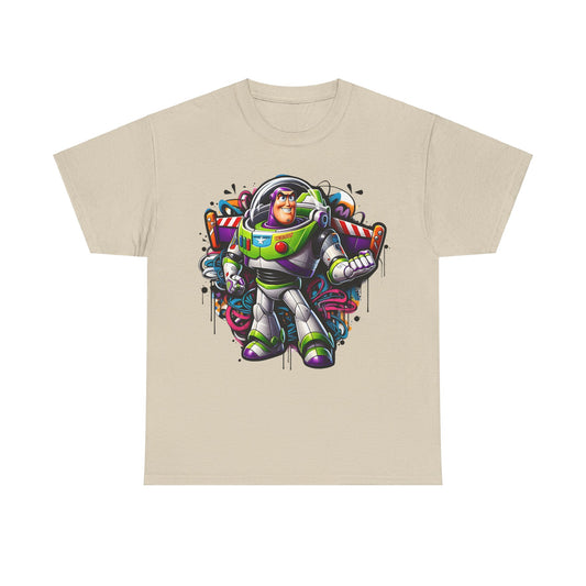Buzz Lightyear Graffiti Unisex Graphic Tee – Vibrant Space Ranger Design in Relaxed Fit displayed in a beige shade, featuring a bold, graffiti-inspired illustration of Buzz Lightyear surrounded by vibrant colours.