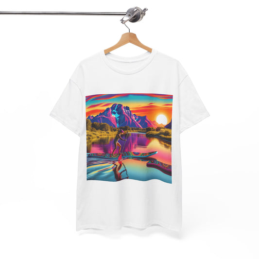 Luxury Paddleboarding Scene Graphic T-Shirt displayed hanging, showcasing stunning paddleboarding artwork that embodies adventure and elegance for outdoor lovers