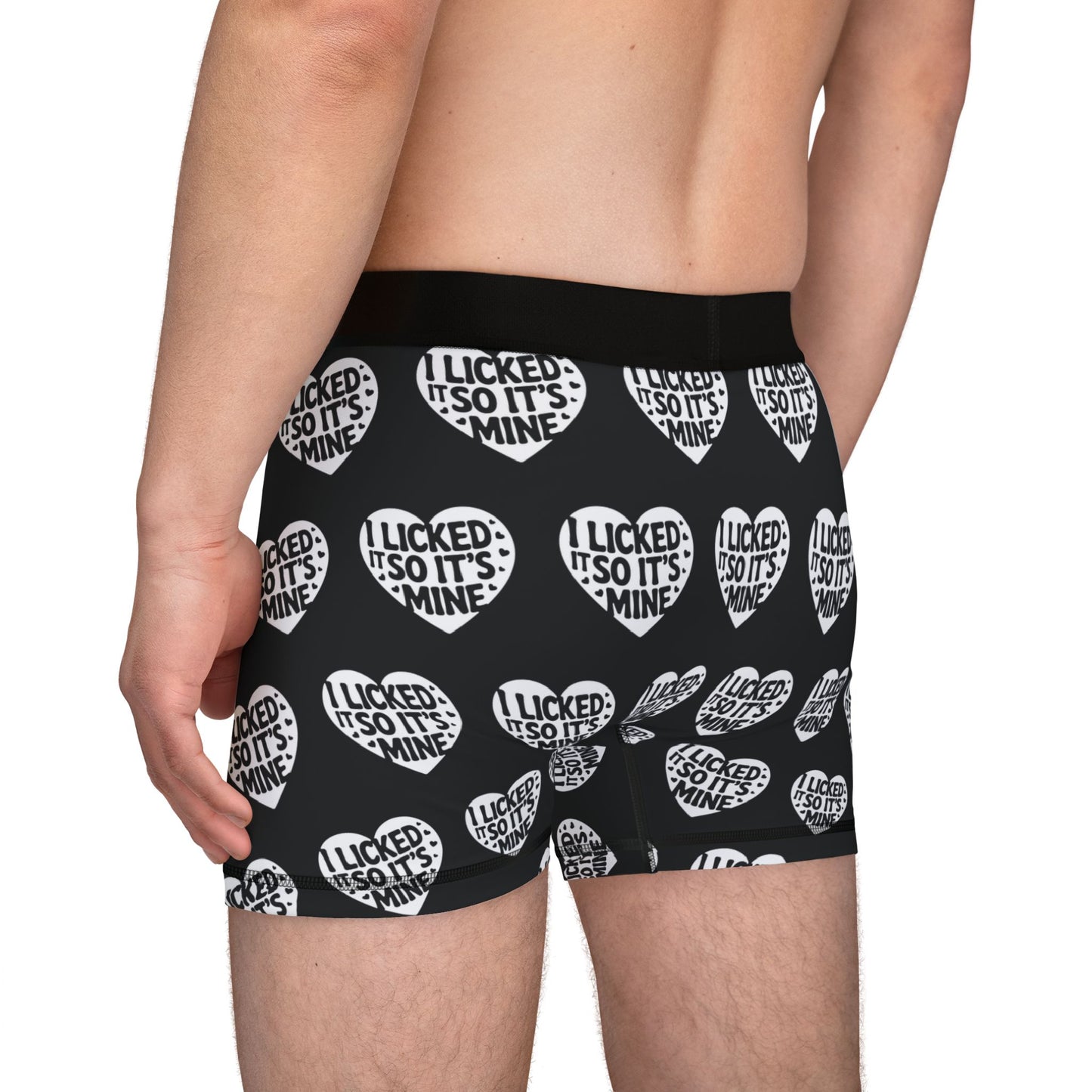 Back view of Valentine's Naughty Cheeky Men's Boxer Briefs, highlighted by the cheeky heart design and phrase 'I LICKED IT SO IT'S MINE', offering a fun and stylish approach to men's underwear.