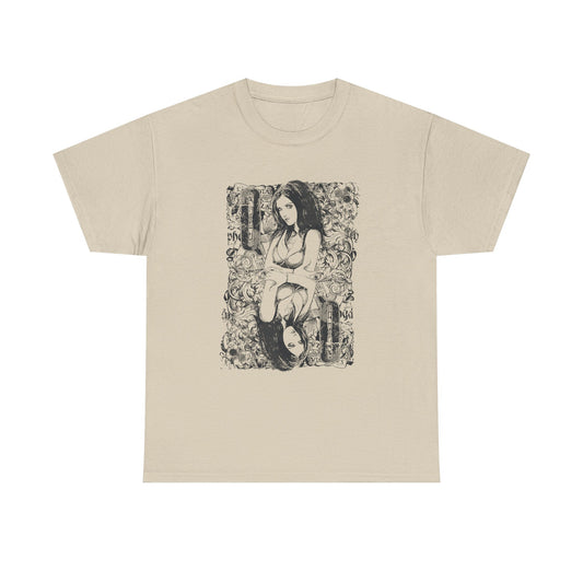 Elegant beige men's t-shirt displaying a detailed black and white illustration of a queen, surrounded by intricate patterns, embodying sophistication and artistic flair.