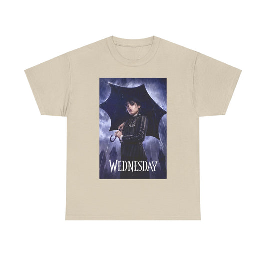 Luxurious unisex graphic tee shirt with the title 'Wednesday', illustrating a mysterious figure with an umbrella amidst rain, capturing the essence of dark elegance and gothic style.