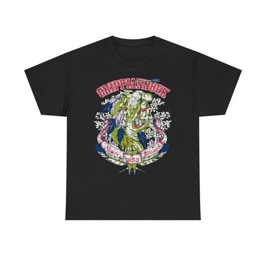 Elegant black graphic tee showcasing a striking Native American inspired wolf headdress design, accentuating cultural heritage with bold, colourful elements.