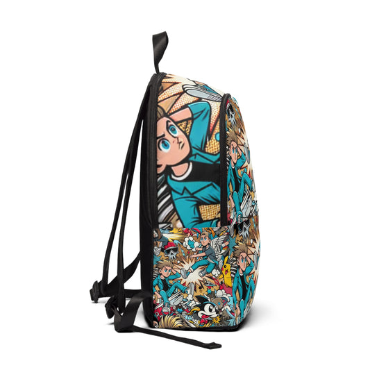 Close-up of the Vibrant Pop Art Fusion Backpack by Dazzling Dreams Studio, showcasing intricate details and colourful cartoon motifs that embody contemporary artistry and chic elegance.