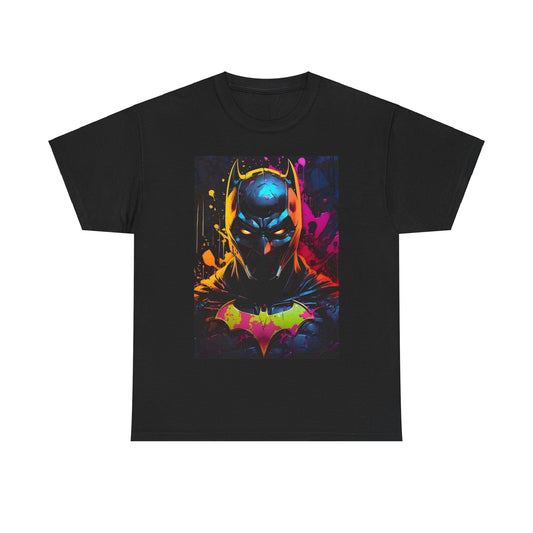 Vibrant Batman Graphitti Graphic Unisex Tee Shirt in black, showcasing a bold and dynamic design of Batman with striking mechanical elements.