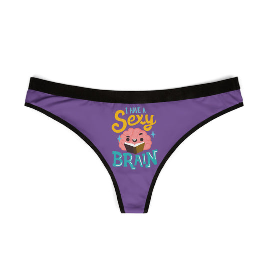 Luxurious purple women's thong with playful 'I Have a Sexy Brain' graphic design featuring a happy brain illustration, perfect for cheeky romantic gifts.