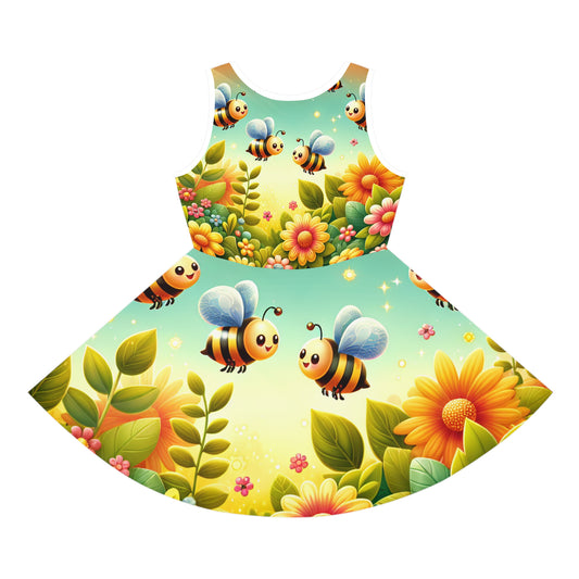 Sophie Bellaire Girls Vibrant Cartoon Garden Sundress showcasing whimsical bumblebees and vibrant garden motifs, ideal for a luxurious summer wardrobe.