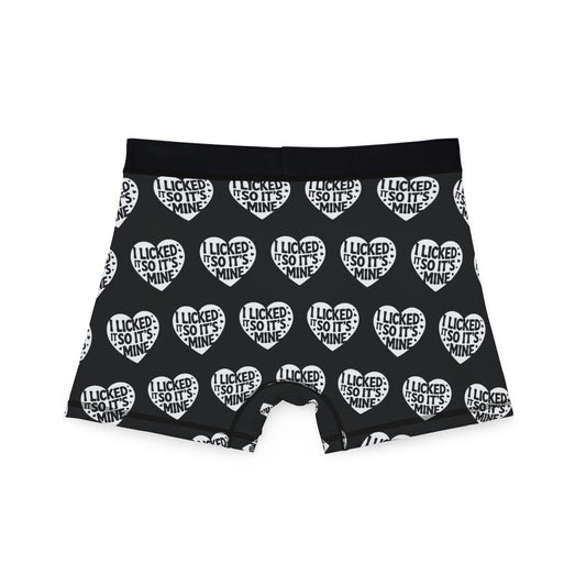 Valentine's Naughty Cheeky Men's Boxer Briefs featuring the cheeky phrase 'I LICKED IT SO IT'S MINE' in playful heart graphics, perfect for adding a humorous touch to romantic occasions.