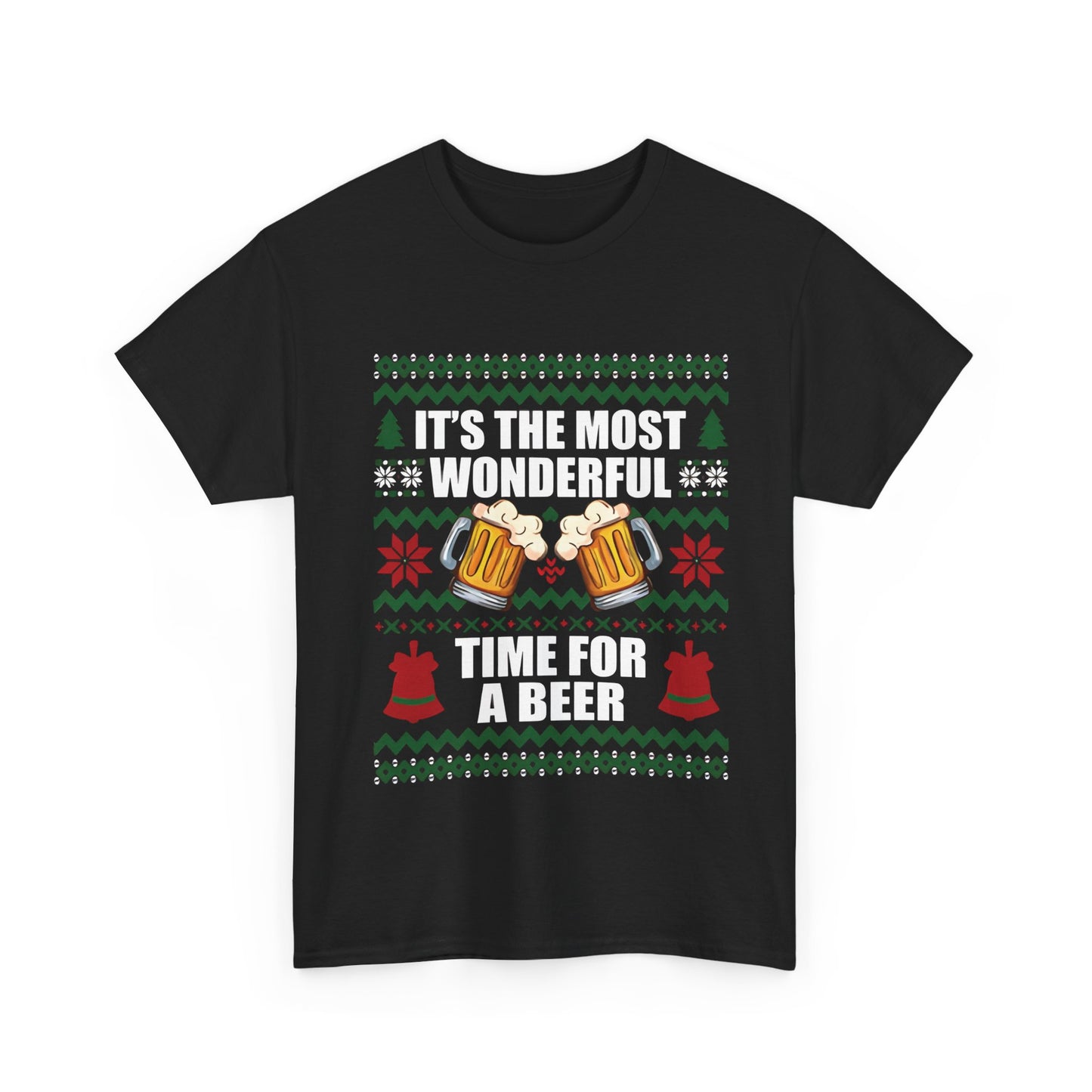 Classic view of a Christmas Xmas Beer Graphic T-Shirt featuring the slogan "It's the Most Wonderful Time for a Beer" with festive illustrations on a minimalistic background, highlighting its luxurious appeal.