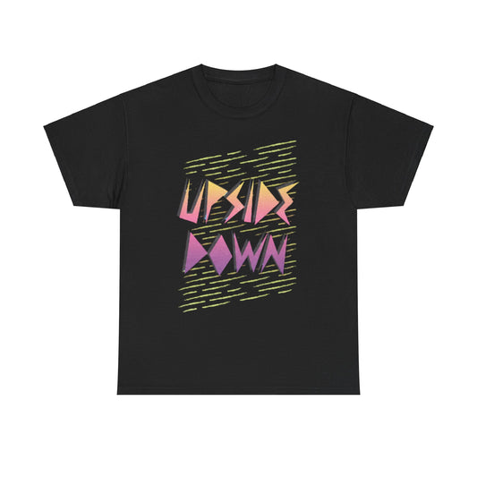 Elegant black graphic tee showcasing the eye-catching 'UPSIDE DOWN' text in striking hues, a luxurious addition to any fashion-forward wardrobe for lovers of distinctive style.