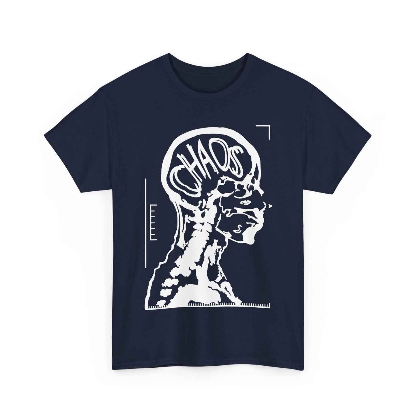 CHAOS Graphic Unisex T-Shirt in Premium Cotton displaying a sophisticated black and white X-ray design of a human profile with the word 'CHAOS,' perfect for modern art enthusiasts.