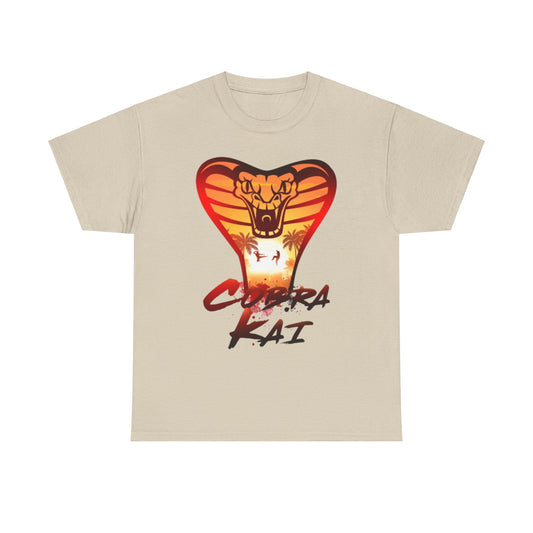 Luxurious Cobra Kai graphic t-shirt featuring a striking snake emblem with vibrant sunset colours, perfect for fans of martial arts and nostalgia.