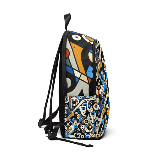Side view of the Chic Abstract Art Backpack with Playful Comic Style and Dynamic Colours by Dazzling Dreams Studio, highlighting its stylish composition and eye-catching artistry, ideal for daily use.
