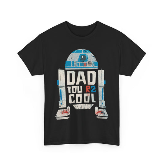 Chic black Star Wars R2D2 DAD Graphic T-Shirt showcasing a stylish graphic of R2-D2 with the phrase 'DAD YOU R2 COOL'. A sophisticated choice for Father's Day gifting.
