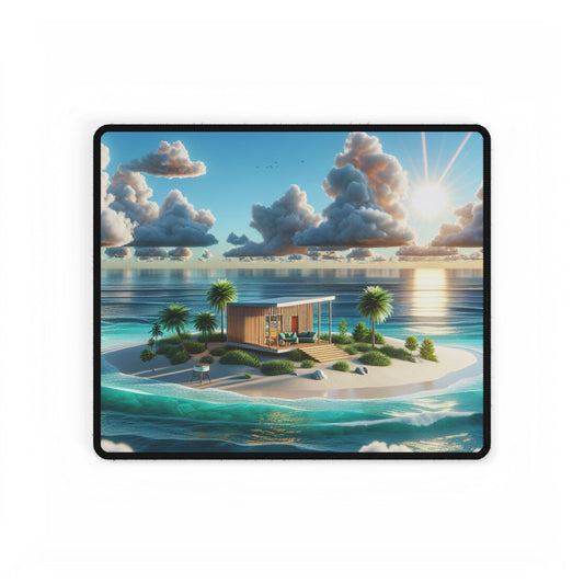 Sunbliss Palmtree Mirage - Desk Mat showcasing a picturesque island scene with a chic bamboo hut, surrounded by palm trees and soft pastel clouds, ideal for adding elegance to your workspace.