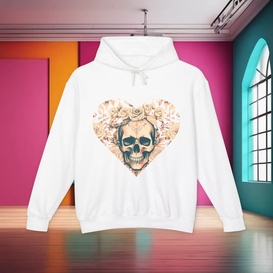 Unisex Lightweight Hooded Sweatshirt with a captivating skull and roses design, displayed in a stylish white colour, surrounded by a chic pink and teal interior, embodying modern luxury and individuality.