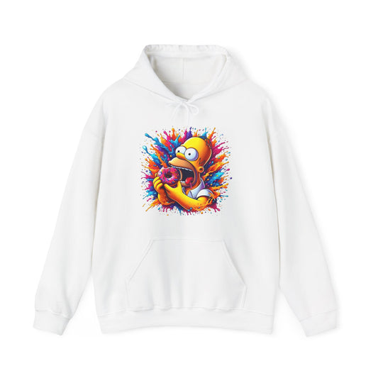 Unisex Urban Homer’s Hungry Delight Graphic Lightweight Hooded Sweatshirt in white showcasing a striking graphic of Homer Simpson mid-bite into a donut, surrounded by radiant splashes of colour, perfect for fans of luxury pop culture fashion.