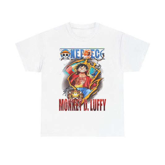 Elegant Monkey D. Luffy T-Shirt in pristine white, showcasing a vibrant graphic of the beloved character, perfect for fans of adventure.