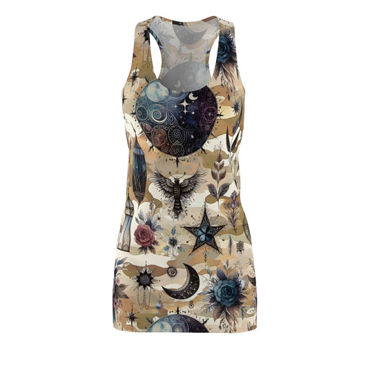 Women's Chic Designer Racerback Dress featuring a striking abstract design with celestial elements and floral accents. Ideal for stylish summer outings.