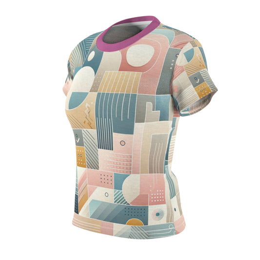 Stylish side view of the Women's Luxury Cut & Sew All-Over Print Tee showcasing an artistic geometric pattern in luxurious pastel tones. Ideal for elevating your wardrobe.
